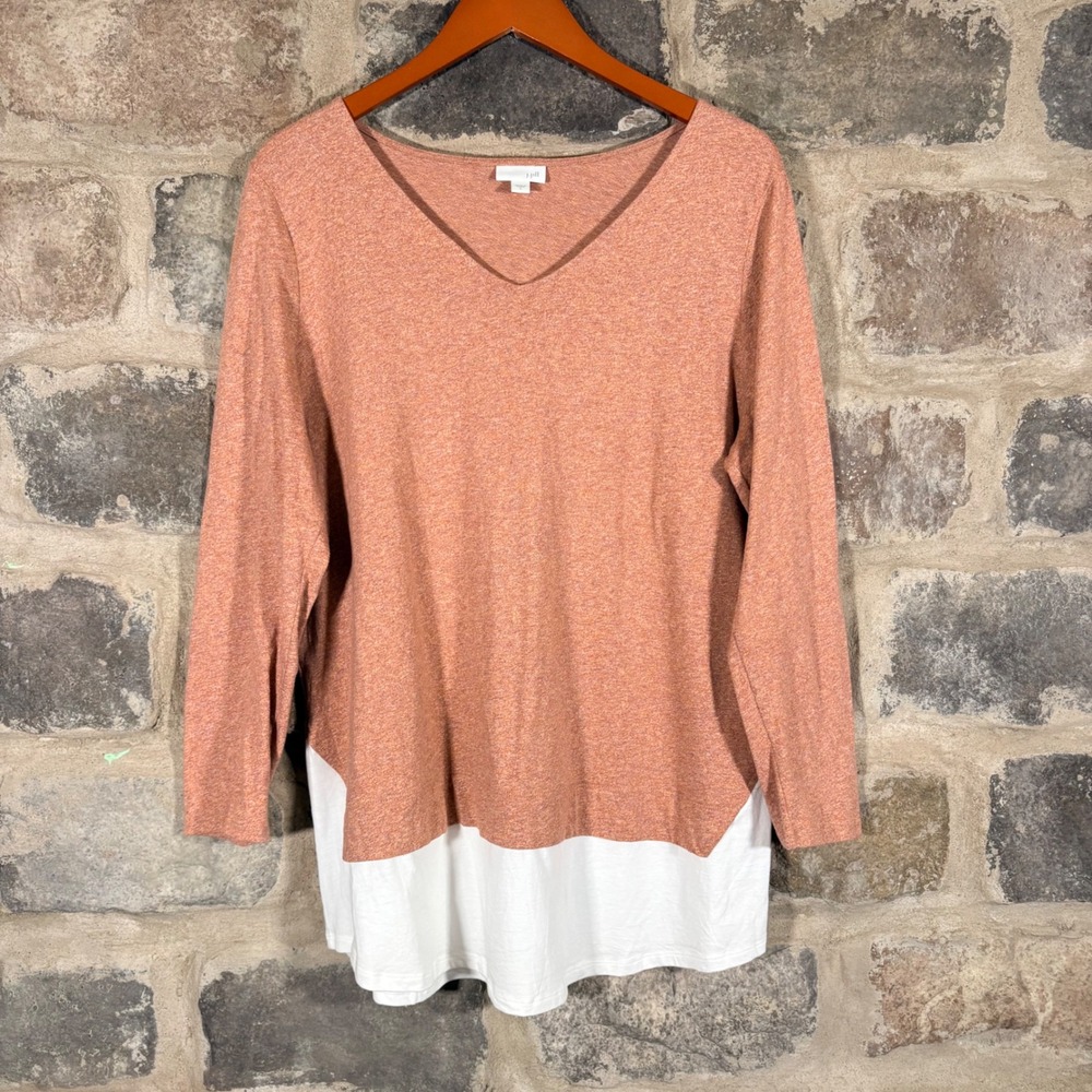 J Jill Women's Orange White Layered V Neck Long Sleeve Tunic Top Size Large
